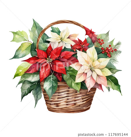 Christmas bouquets arranged from red poinsettia flowers. Happy holiday greenery. Watercolor style 117695144