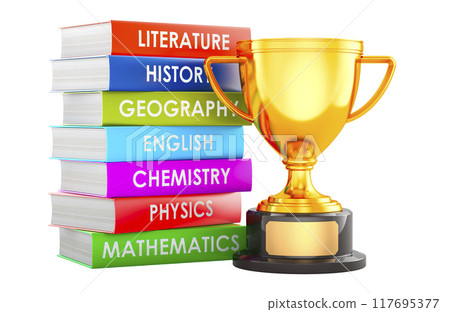 Stack of textbooks with gold trophy cup award, 3D rendering 117695377