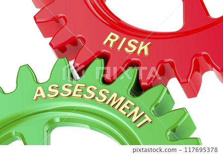 Risk Assessment concept with colored gearwheels. 3D rendering Risk Assessment concept with colored gearwheels. 3D rendering 117695378
