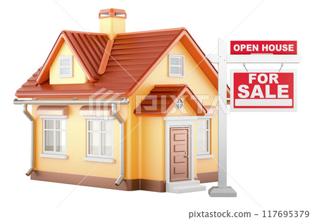 Home with Real estate sign Open House For Sale, 3D rendering Home with Real estate sign Open House For Sale, 3D rendering 117695379