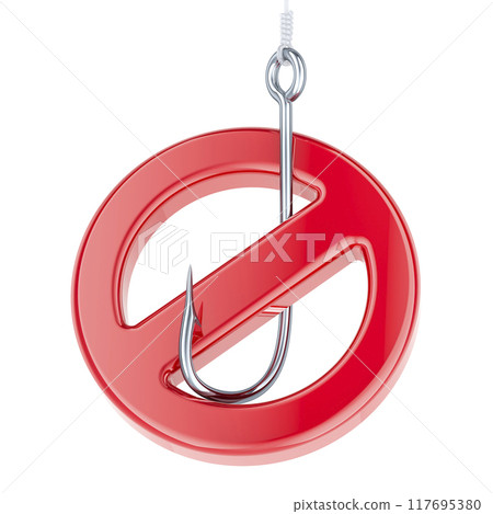 Fishing hook with prohibition sign. No Fishing sign, 3D rendering 117695380