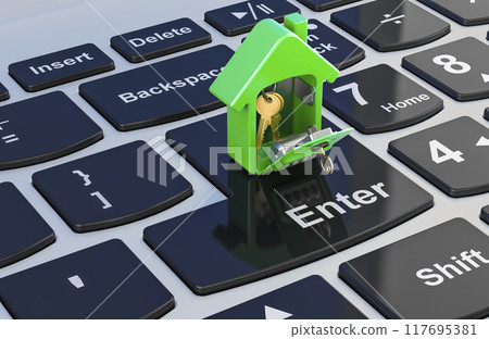 Security lock box for storage and transfer of keys on laptop keyboard. 3D rendering Security lock box for storage and transfer of keys on laptop keyboard. 3D rendering 117695381