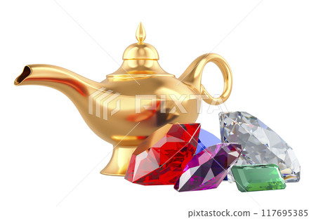 Aladdin magic lamp with colorful gemstones, 3D rendering 117695385