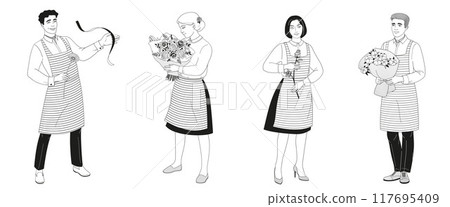 florists male and female characters, men and women with bouquet and flowers black and white vector illustration 117695409