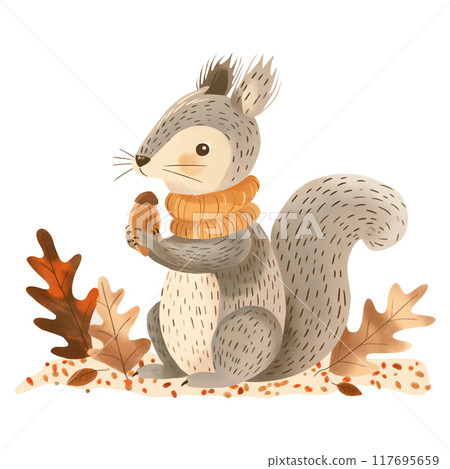 Autumn illustration with cute squirrel and cozy objects, autumn leaves in soft pastel colors. Autumn illustration with cute squirrel and cozy objects, autumn leaves in soft pastel colors. 117695659
