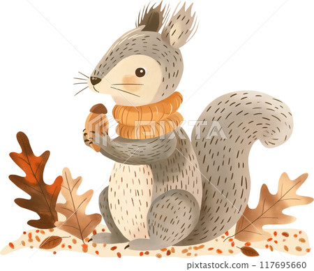 Autumn illustration with cute squirrel and cozy objects, autumn leaves in soft pastel colors. 117695660