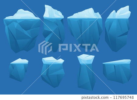 Cartoon icebergs. Floating ice blocks. Different shapes. Frozen glaciers with underwater parts. Arctic rocks in cold ocean water. Drifting polar bergs. Winter landscape elements vector set 117695748