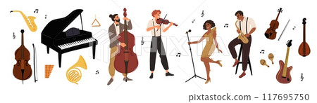 Cartoon jazz band. Professional musicians with musical instruments. Double bass player. Violinist and saxophonist play music. Vocalist singing. Man at piano. Blues singer. Garish vector set 117695750