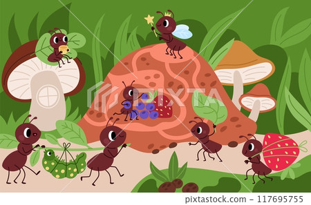 Cute ants life. Cartoon insects do different things. Animals carry caterpillars to anthill. Working pismires. Bugs holding food and leaves. Relaxing termites. Garish vector concept Cute ants life. Cartoon insects do different things. Animals carry caterpillars to anthill. Working pismires. Bugs holding food and leaves. Relaxing termites. Garish vector concept 117695755