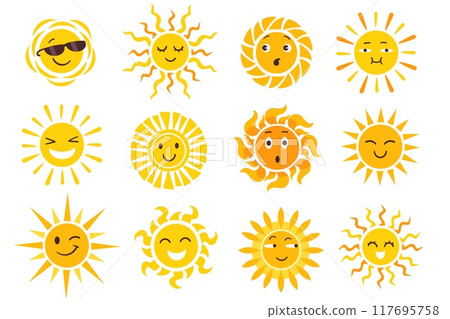 Cute sun characters. Cartoon sunny faces. Summer smiles. Funny emoji. Yellow kids icons. Good morning. Sunrise sunlight. Sunshine rays. Daylight positive emoticons. Splendid vector set 117695758