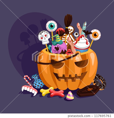 Halloween pumpkin with candies. Scary basket with trick or treat sweets. Creepy bag. Autumn holiday. Sugar lollipops. Bloody cupcakes. Spooky ghost cookies. Splendid vector concept Halloween pumpkin with candies. Scary basket with trick or treat sweets. Creepy bag. Autumn holiday. Sugar lollipops. Bloody cupcakes. Spooky ghost cookies. Splendid vector concept 117695761