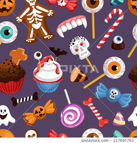 Halloween sweets seamless pattern. Sugar products. Holiday creepy candies. Eye lollipops. Spooky cookies. Ghost marshmallows. Scary jellies. Repeated print. Splendid vector background 117695763