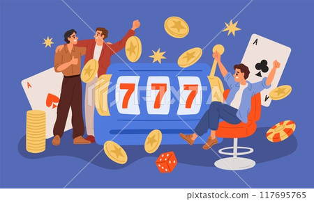 Happy people play slot machines. Guys having fun in Las Vegas at bachelor party. Gambling winnings. Fortune and luck. Lottery jackpot. Gold coins and poker cards. Garish vector concept Happy people play slot machines. Guys having fun in Las Vegas at bachelor party. Gambling winnings. Fortune and luck. Lottery jackpot. Gold coins and poker cards. Garish vector concept 117695765