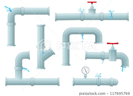 Leaking pipes. Plastic broken pipeline. Water splashes under pressure and drips. Drain taps or valves. Engineering sensor. Sewerage supply system. Canalization fix. Sewer tubes vector set 117695769
