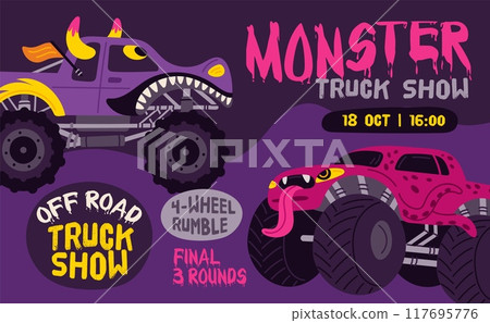 Monster trucks poster. Smash up race. Extreme show invitation. Aggressive coloring cars. Off road vehicles. Big wheels. Automobiles rally. Entertainment event. Garish vector flyer design Monster trucks poster. Smash up race. Extreme show invitation. Aggressive coloring cars. Off road vehicles. Big wheels. Automobiles rally. Entertainment event. Garish vector flyer design 117695776