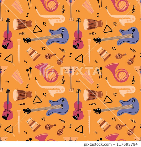 Music instruments seamless pattern. Acoustic and electrical musical tools. Repeated print. Orchestra melody notes and keys. Musicians drum. Guitar or cello. Garish vector background Music instruments seamless pattern. Acoustic and electrical musical tools. Repeated print. Orchestra melody notes and keys. Musicians drum. Guitar or cello. Garish vector background 117695784