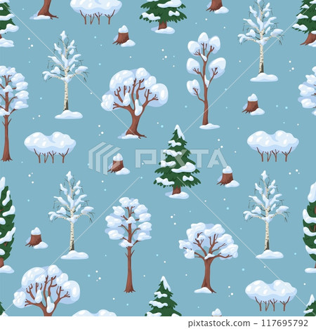 Snow covered trees seamless pattern. Winter forest. Cold season landscape. Repeated print. Snowdrifts and snowy wood branches. Deciduous or coniferous plants. Recent vector background 117695792