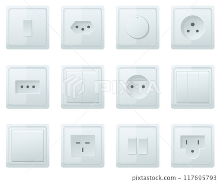 Socket and switch. Various type electrical connectors. Modern standard power supply. 3D equipment. Toggle buttons. Interior plastic elements. Electric circuit port shapes vector set 117695793