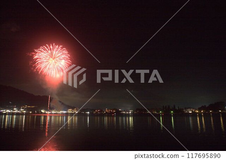 Fireworks reflected on the water Mount Fuji and fireworks at Lake Kawaguchi Fireworks reflected on the water Mount Fuji and fireworks at Lake Kawaguchi 117695890