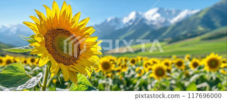 Close-up of large sunflower, with field of sunflowers and rural landscape with mountains in the background, copy space Close-up of large sunflower, with field of sunflowers and rural landscape with mountains in the background, copy space 117696000