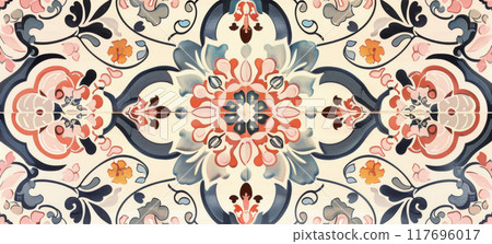 Floral Pattern with Symmetrical Design on Beige Vintage Background. Elegant Retro Decorative Artwork 117696017