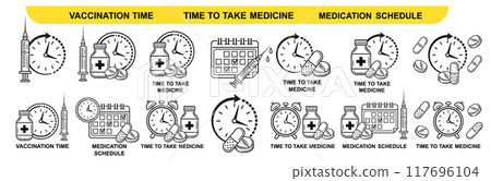 Time medicine pill take, medication vaccination schedule, alarm clock and dose medical tablet, medicament hour timetable line icon set. Vaccine injection calendar. Medicinal capsule for health vector Time medicine pill take, medication vaccination schedule, alarm clock and dose medical tablet, medicament hour timetable line icon set. Vaccine injection calendar. Medicinal capsule for health vector 117696104