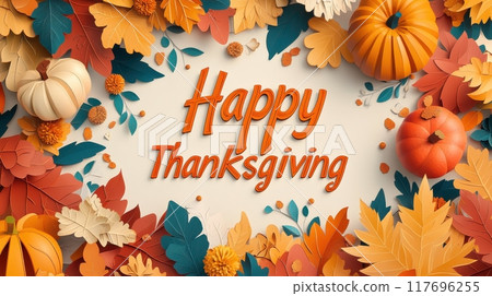 Colorful autumn leaves and pumpkins surround a cheerful Thanksgiving greeting, celebrating the harvest season. Generative AI Colorful autumn leaves and pumpkins surround a cheerful Thanksgiving greeting, celebrating the harvest season. Generative AI 117696255