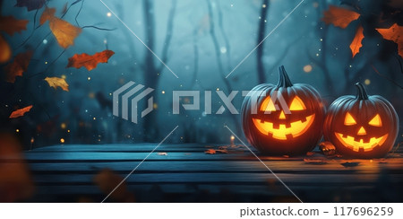 Two carved pumpkins with glowing faces in a misty forest during autumn, surrounded by falling leaves. Generative AI 117696259