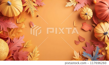 Colorful autumn foliage and paper pumpkins create a festive fall backdrop with rich orange hues, capturing the essence of the harvest season. Generative AI 117696260