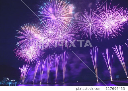 Large fireworks burst into the night sky at the Toi Festival Large fireworks burst into the night sky at the Toi Festival 117696433