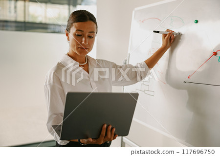 A Professional Woman Skillfully Presenting InDepth Data Analysis Within a Modern Office Environment A Professional Woman Skillfully Presenting InDepth Data Analysis Within a Modern Office Environment 117696750