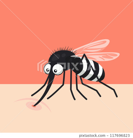 Cute Cartoon Flat Vector Mosquito Sucking Blood on Skin. Insect Enthusiasts. Bloodsucking Mosquito Design Template for Pest Control, Nature Education Concept, Vector Illustration Cute Cartoon Flat Vector Mosquito Sucking Blood on Skin. Insect Enthusiasts. Bloodsucking Mosquito Design Template for Pest Control, Nature Education Concept, Vector Illustration 117696823