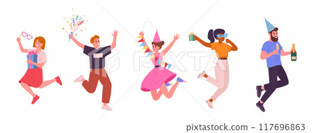 Celebrating jumping people. Cheerful men and women dancing and having fun, dancing positive people group flat vector illustration set. Cartoon Birthday party celebration 117696863