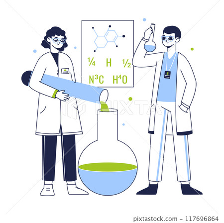 Chemistry lab workers. Biotechnology lab scientists, medical laboratory development and researching flat vector illustration. Chemical scientific experiment scene 117696864