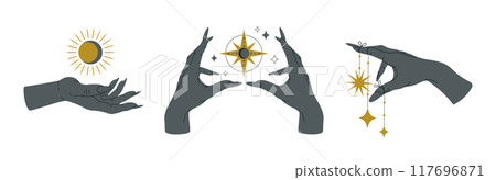 Halloween witch hands. Magic female hand palms holding moon and stars, mystical witch hand drawn trendy boho esoteric design flat vector illustration set. Halloween decor collection Halloween witch hands. Magic female hand palms holding moon and stars, mystical witch hand drawn trendy boho esoteric design flat vector illustration set. Halloween decor collection 117696871
