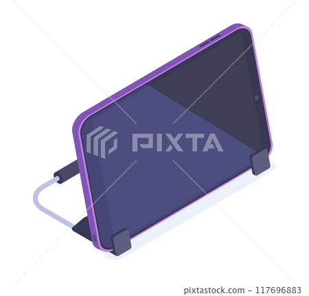 Isometric tablet. Modern technology portable device on stand, isometric digital tablet 3d vector illustration. Personal hand touching accessory 117696883