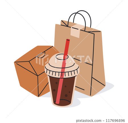 Takeaway food packaging. Fast food disposable containers, carton box, paper bag and plastic cup for drinks flat vector illustration. Food delivery pack Takeaway food packaging. Fast food disposable containers, carton box, paper bag and plastic cup for drinks flat vector illustration. Food delivery pack 117696896