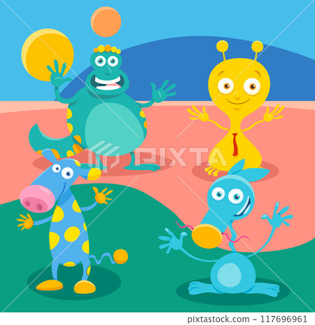cartoon monster or alien fantasy characters group 117696961