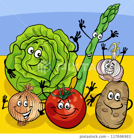 happy cartoon funny vegetables characters group 117696983