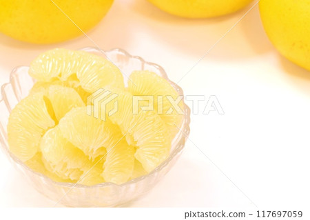 Peeled Tosa Buntan Dessert Large Citrus Fruit Glass Container Light Background Peeled Tosa Buntan Dessert Large Citrus Fruit Glass Container Light Background 117697059
