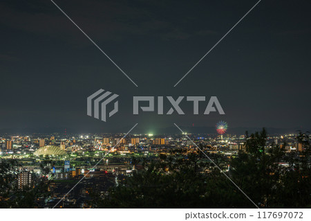 Beautiful fireworks seen from the mountains in Okayama City, Okayama Prefecture, Japan 117697072