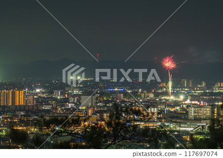 Beautiful fireworks seen from the mountains in Okayama City, Okayama Prefecture, Japan 117697074