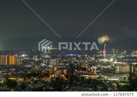 Beautiful fireworks seen from the mountains in Okayama City, Okayama Prefecture, Japan 117697075