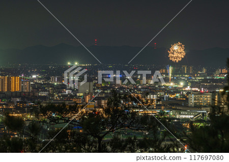 Beautiful fireworks seen from the mountains in Okayama City, Okayama Prefecture, Japan 117697080