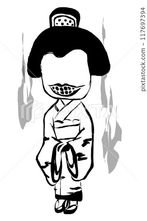 A black and white monochrome drawing of a monster with blackened teeth A black and white monochrome drawing of a monster with blackened teeth 117697394