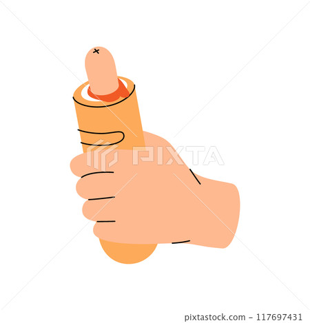 Hand holding French hot dog. Tasty fast food. Vector illustration. 117697431