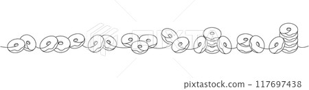 Donut set. Delicious donuts one line continuous drawing. Bakery sweet pastry food. Vector linear illustration. 117697438