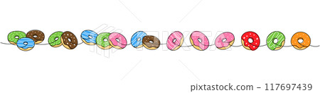Delicious donut set. Take away donuts one line colored continuous drawing. Bakery sweet pastry food. Vector linear illustration. 117697439
