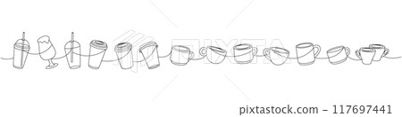 Coffee shop set one line continuous drawing. Takeaway coffee cups, plastic coffee cups continuous one line illustration. Coffee shop set one line continuous drawing. Takeaway coffee cups, plastic coffee cups continuous one line illustration. 117697441