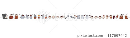 Coffee set. Coffee machine, gooseneck kettle, grinder, cups, portafilter, Turkish pot, French press continuous one line colored illustration. 117697442